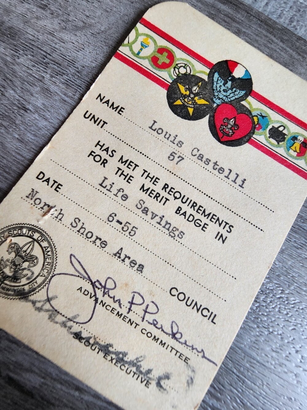 Boy Scouts 1955 Merit Badge in Life Savings North Shore Area Council VINTAGE BSA